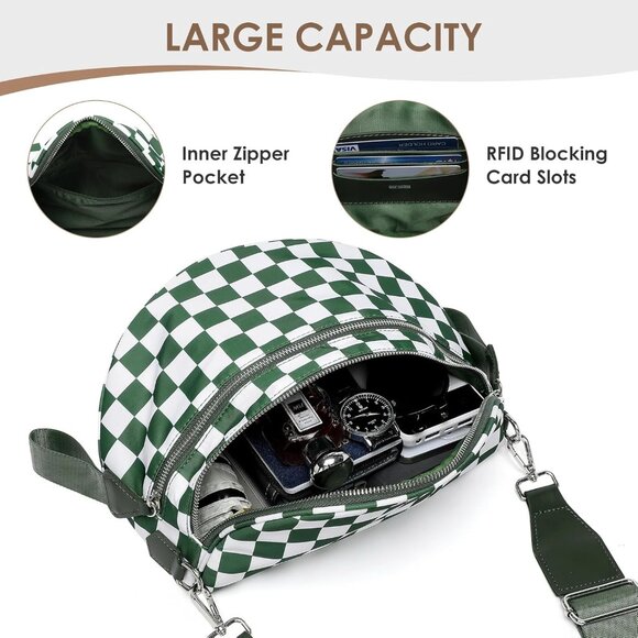 Bum Bags for Women, RFID Checkered Crossbody Bags with Silver Zipper, Nylon Plus - Picture 4 of 6